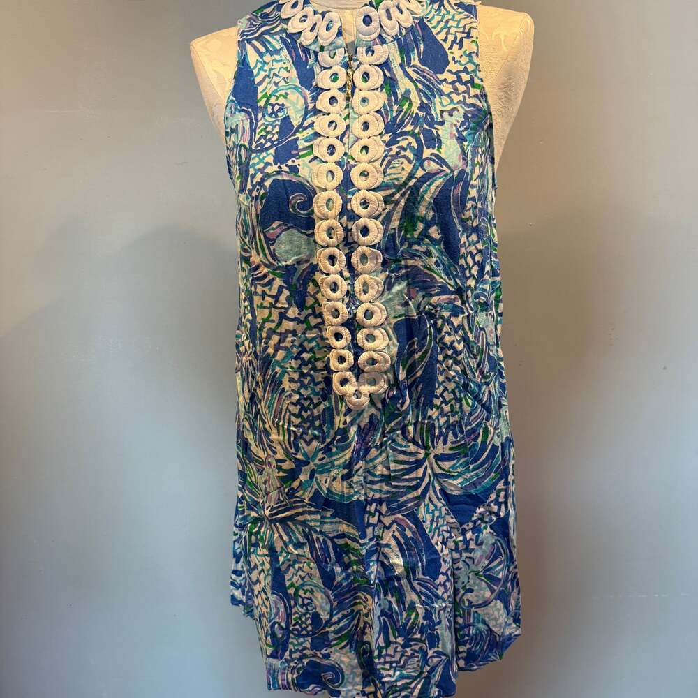 Lilly Pulitzer Blue Green Tropical Print Shift Dress with Crochet Trim Size 12